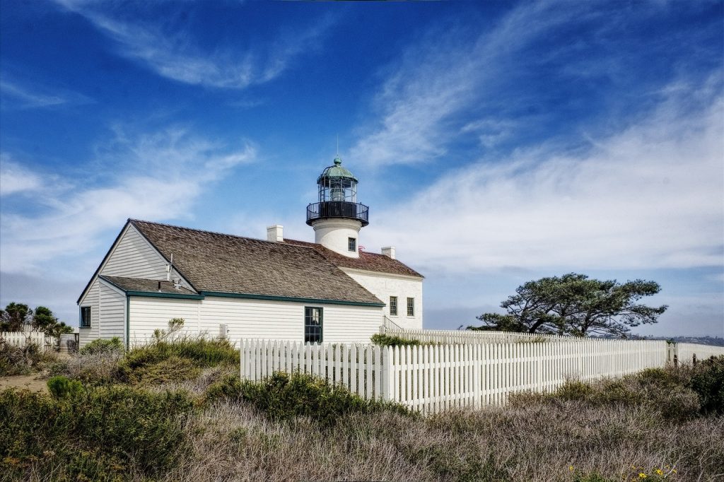 old point loma lighthouse, lighthouse, building, structure, historic, historical, landmark, fence, grass, sunny, nature, san diego, california-5454155.jpg