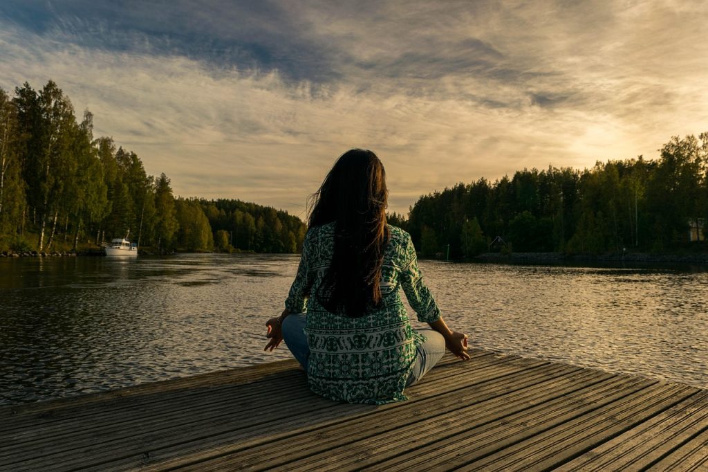 yoga, woman, nature, lake, outdoors, lotus pose, meditation, mindfulness, balance, meditating, wellness, sunset, twilight-2176668.jpg