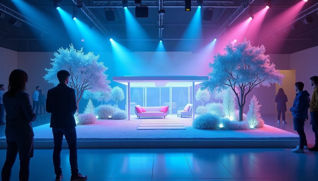 A glowing scale model of a backyard with a patio and planting beds on a dark expo stage lit in blue and magenta.