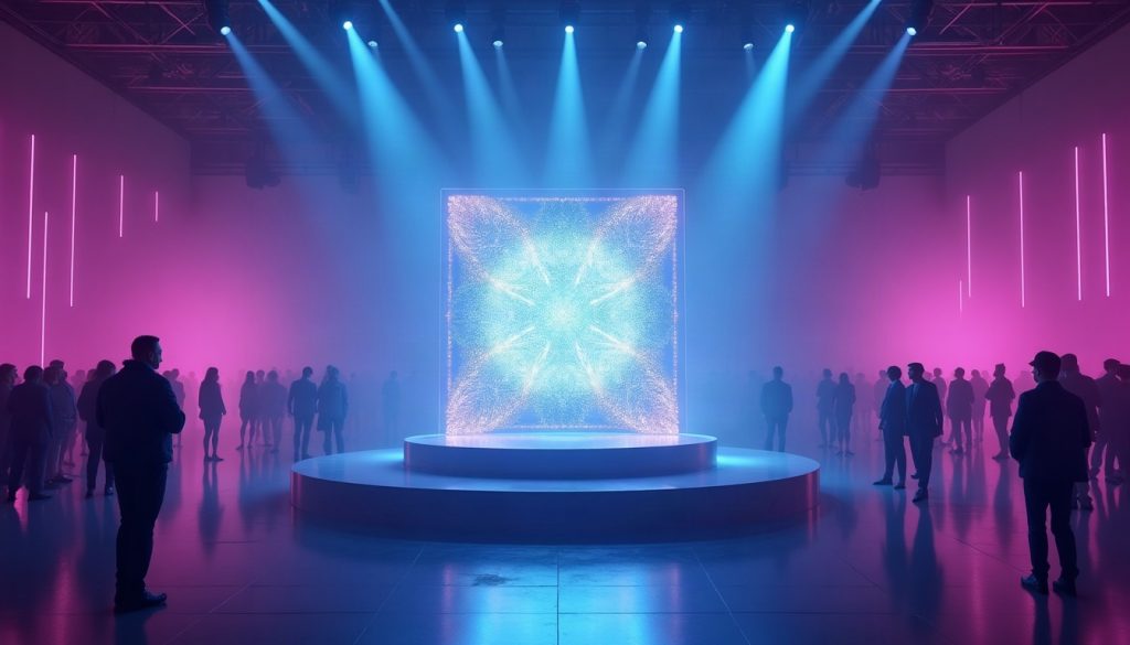 A glowing lattice of light points on a plinth on a dark stage with a silhouetted audience seen from behind.