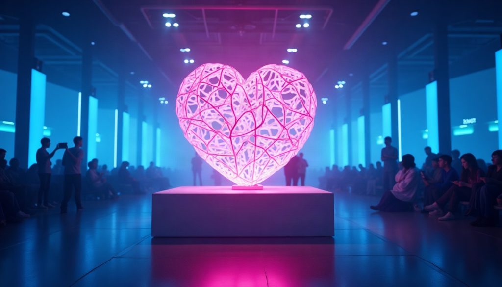 An abstract glowing lattice sculpture on a plinth on a dark stage lit in blue and magenta.