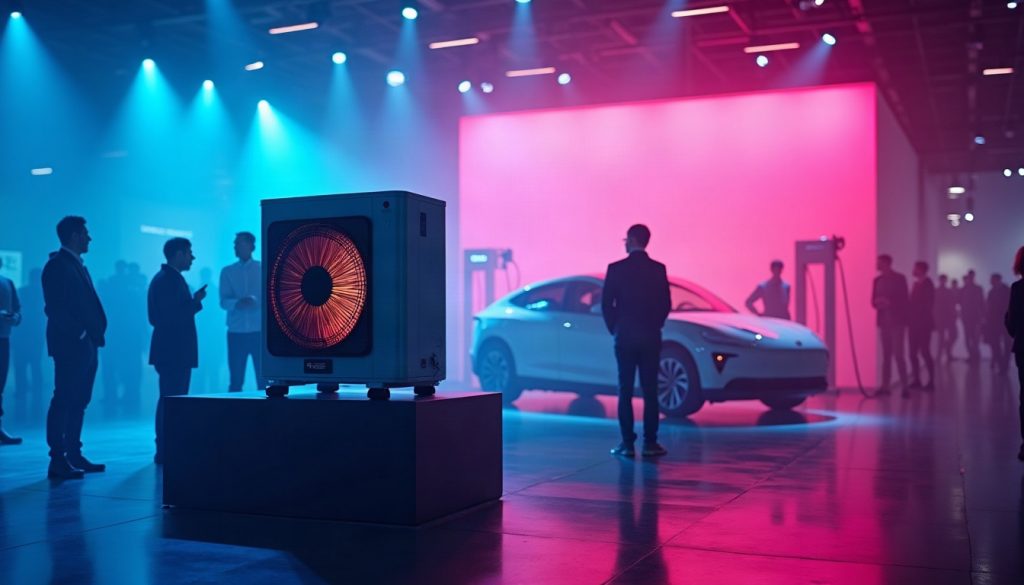 A heat-pump unit on a lit plinth next to a charging post on a dark expo stage under blue and magenta light.