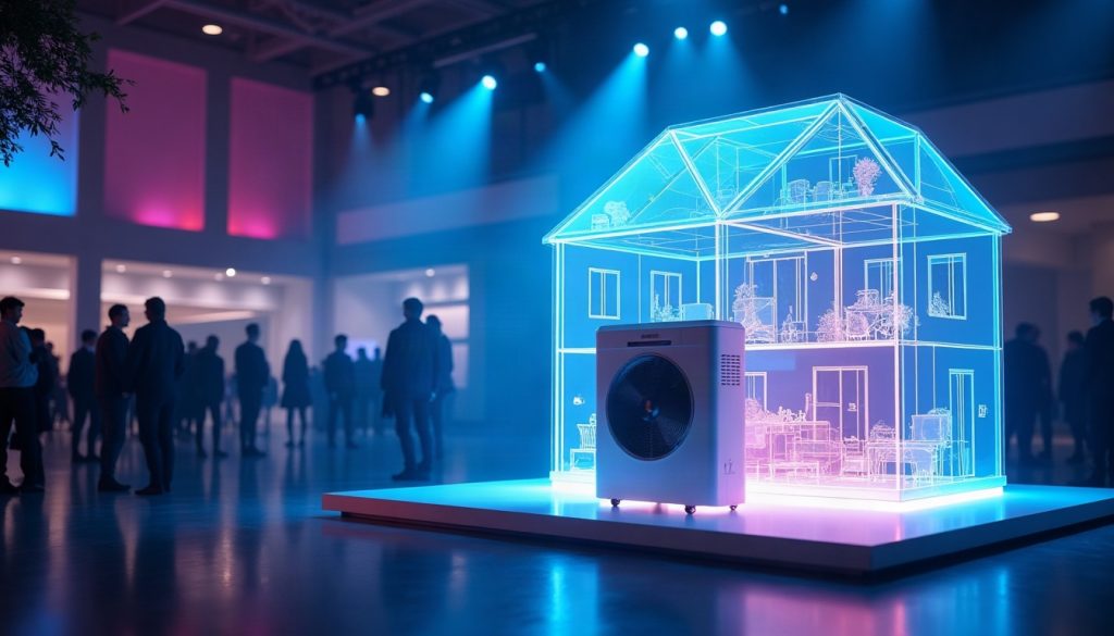 A heat pump unit beside a glowing house cutaway on a dark expo stage under blue and magenta light.