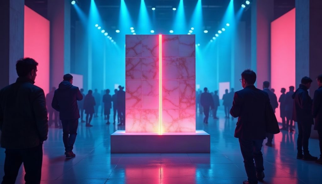 A tablet and a laser line beside a glazed tile panel on a dark expo stage under blue and magenta light.