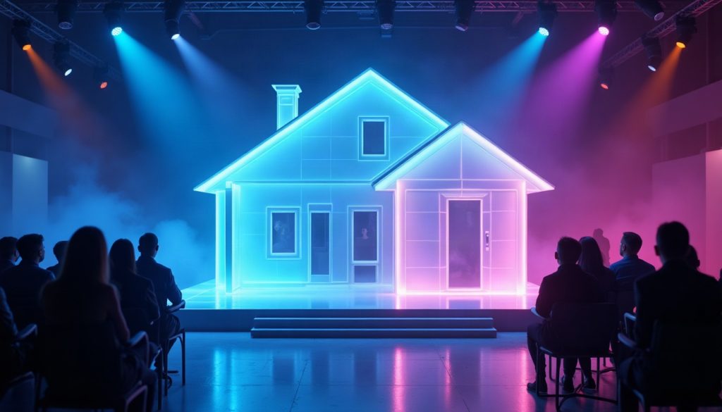 A glowing translucent house model showing indoor and outdoor lighting on a dark expo stage lit in blue and magenta.