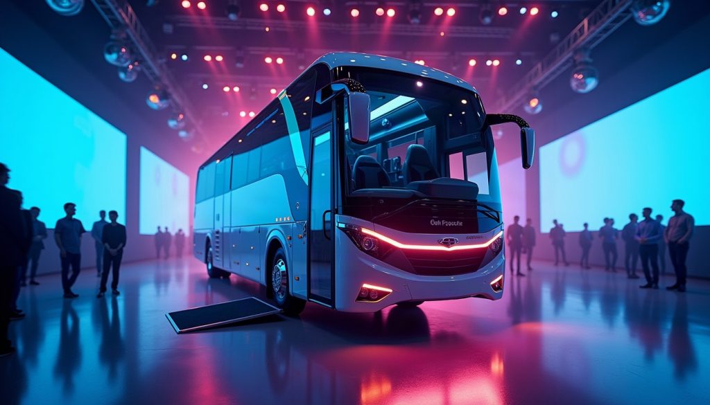 A modern coach bus with its accessibility lift lowered on a dark expo stage lit in blue and magenta.