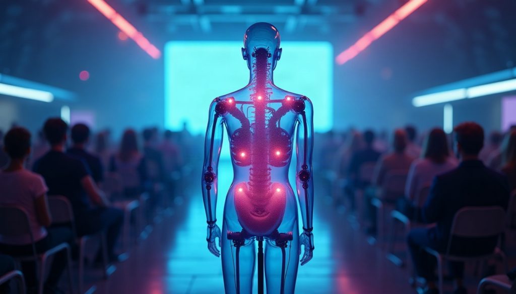 A translucent mannequin torso with small motion sensors stands on a dark stage lit in blue and magenta.